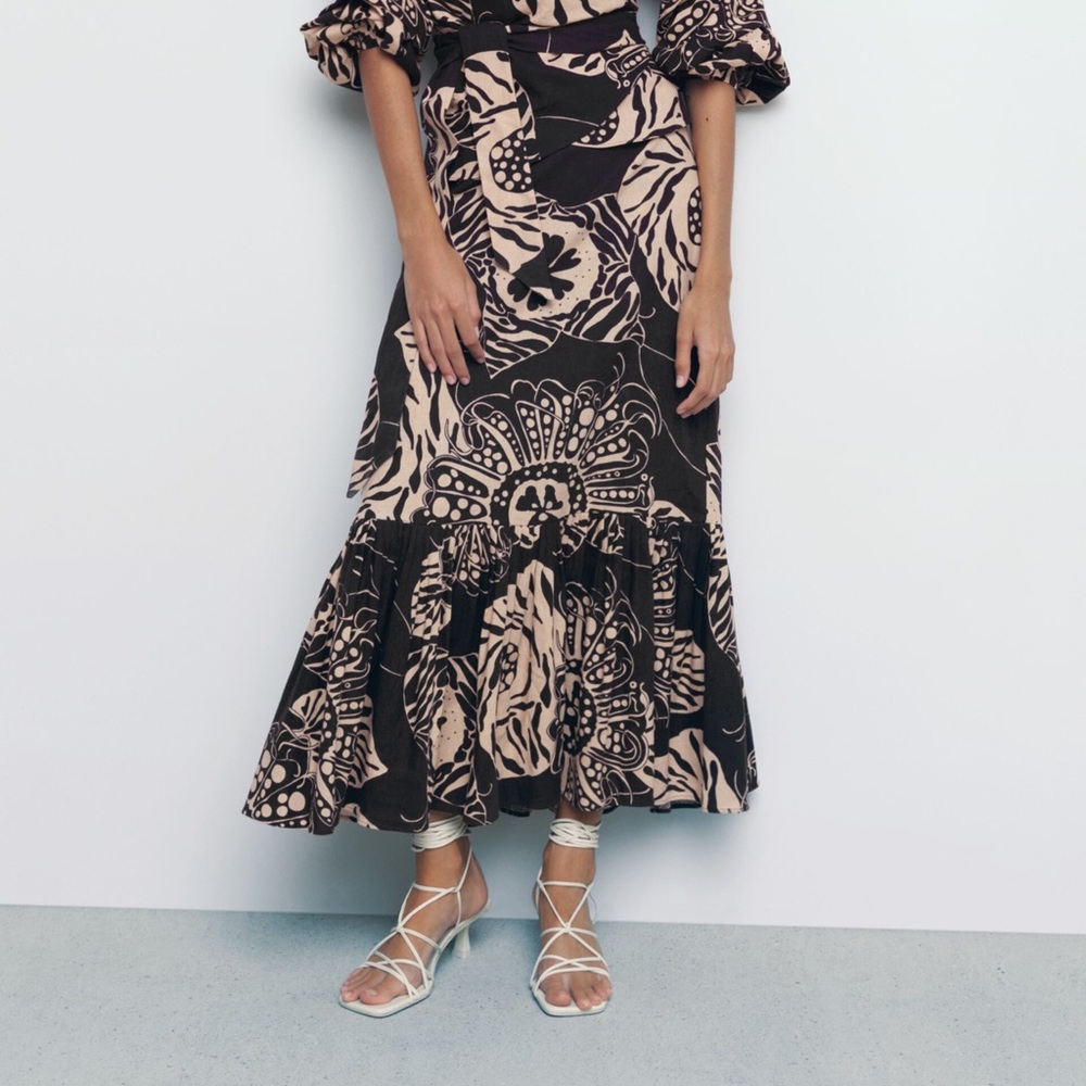 ZARA LINEN BLEND LONG PRINTED SKIRT‎